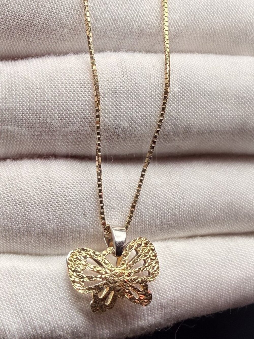 14K Two Tone Gold Butterfly Pendant With 0.8mm Box Chain - 16 inch